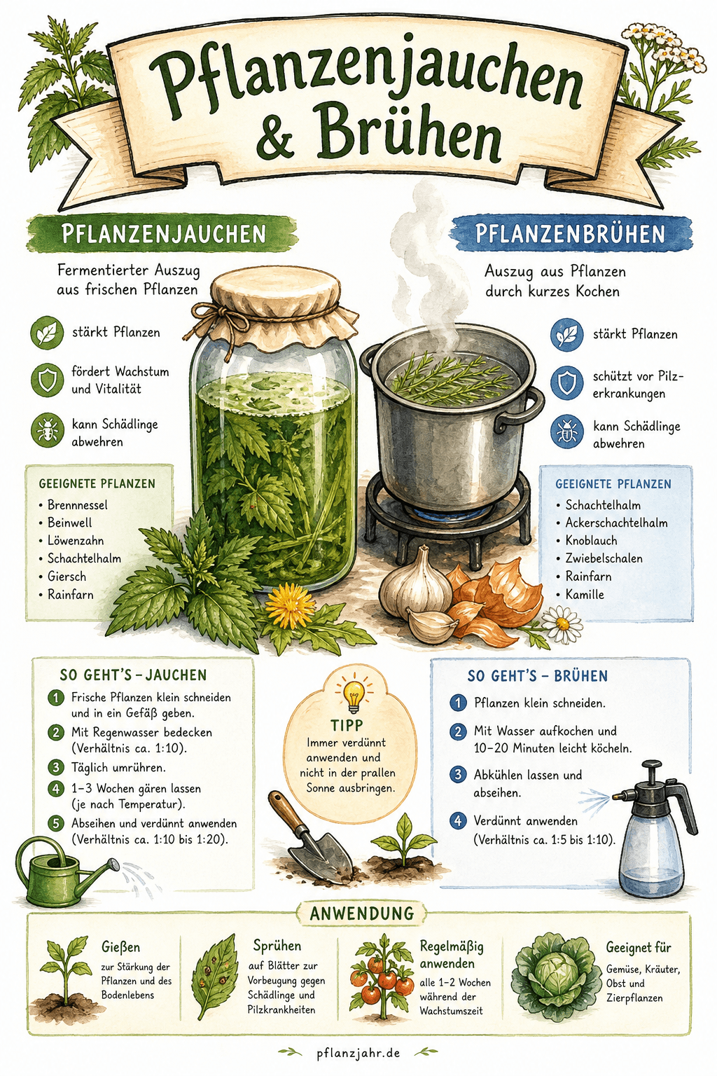 Übersicht Pflanzenjauchen und Brühen mit Rezepten, Verdünnungen und Kulturzuordnung