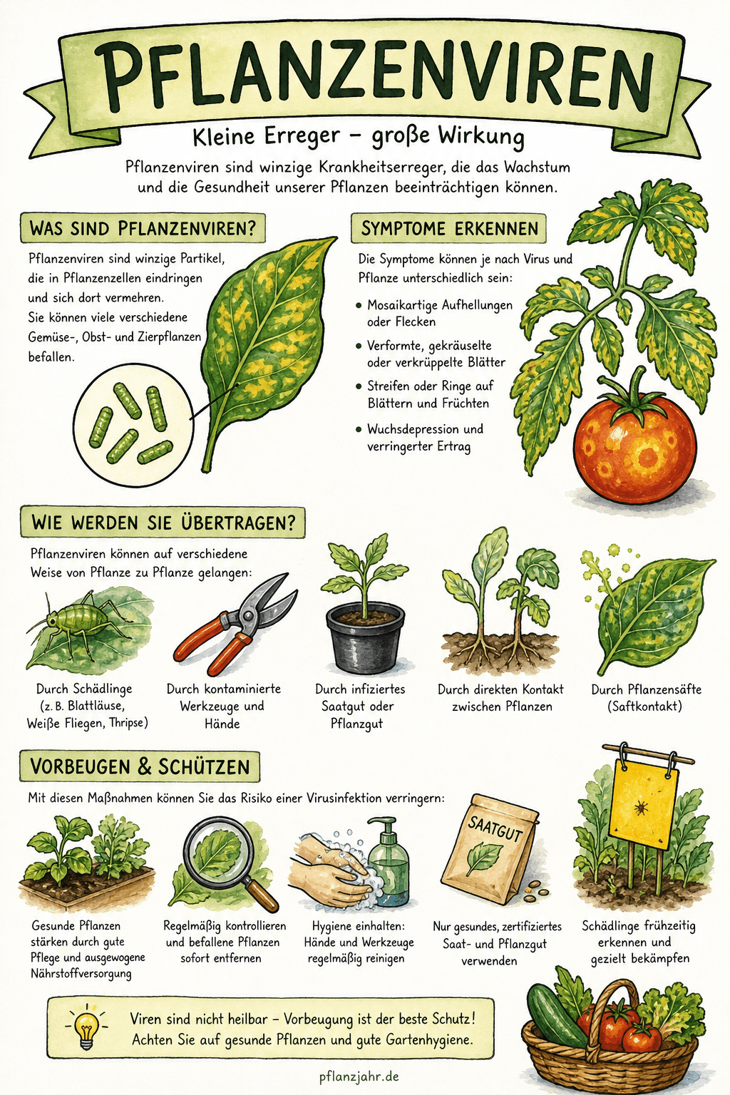 Infografik: Pflanzenviren — Mosaik und Scheckung erkennen, über Vektoren und Hygiene vorbeugen, befallene Pflanzen roden