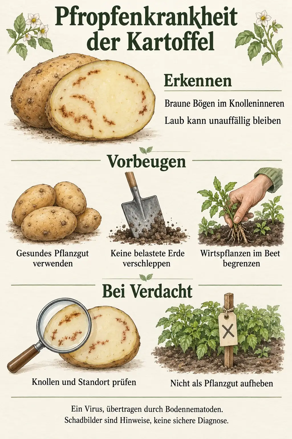 Pfropfenkrankheit der Kartoffel im Überblick: braune Bögen im Knolleninneren und möglicherweise unauffälliges Laub, gesundes Pflanzgut verwenden, belastete Erde nicht verschleppen, Wirtspflanzen begrenzen und verdächtige Knollen nicht nachbauen