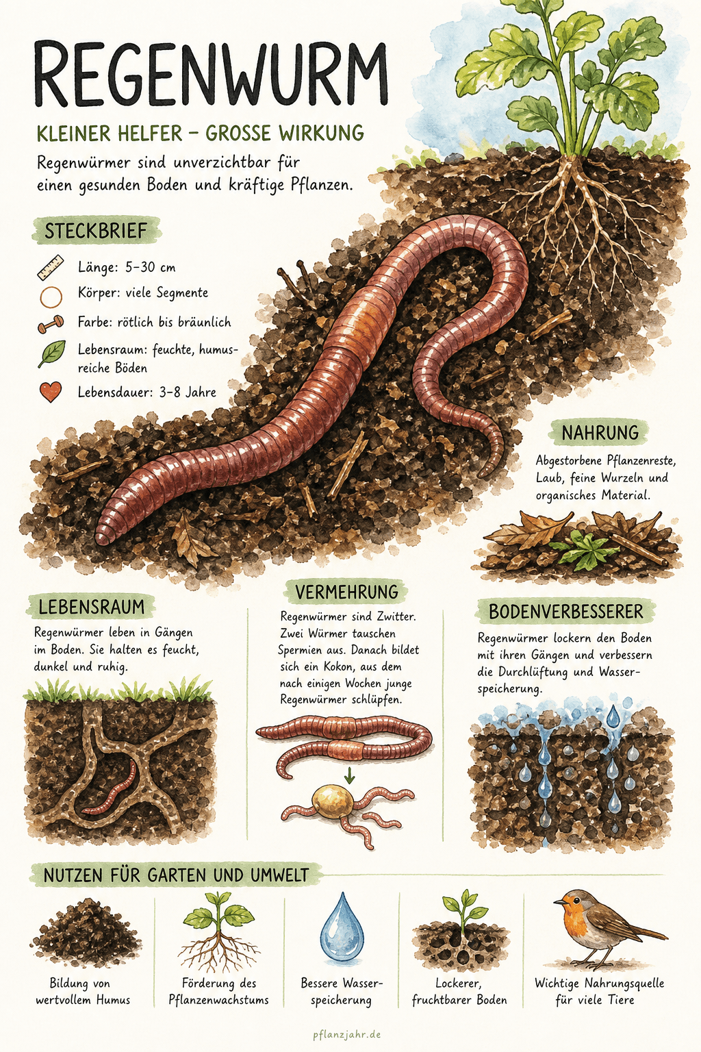 Infografik: Regenwurm — der unsichtbare Pflüger deines Bodens