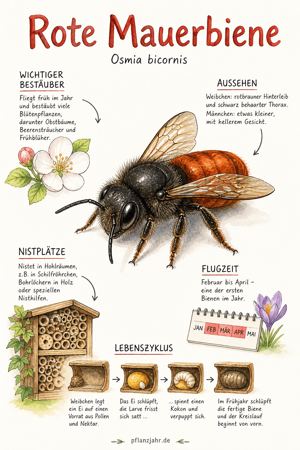 Infografik: Rote Mauerbiene — die zahme Wildbiene fürs Frühjahr