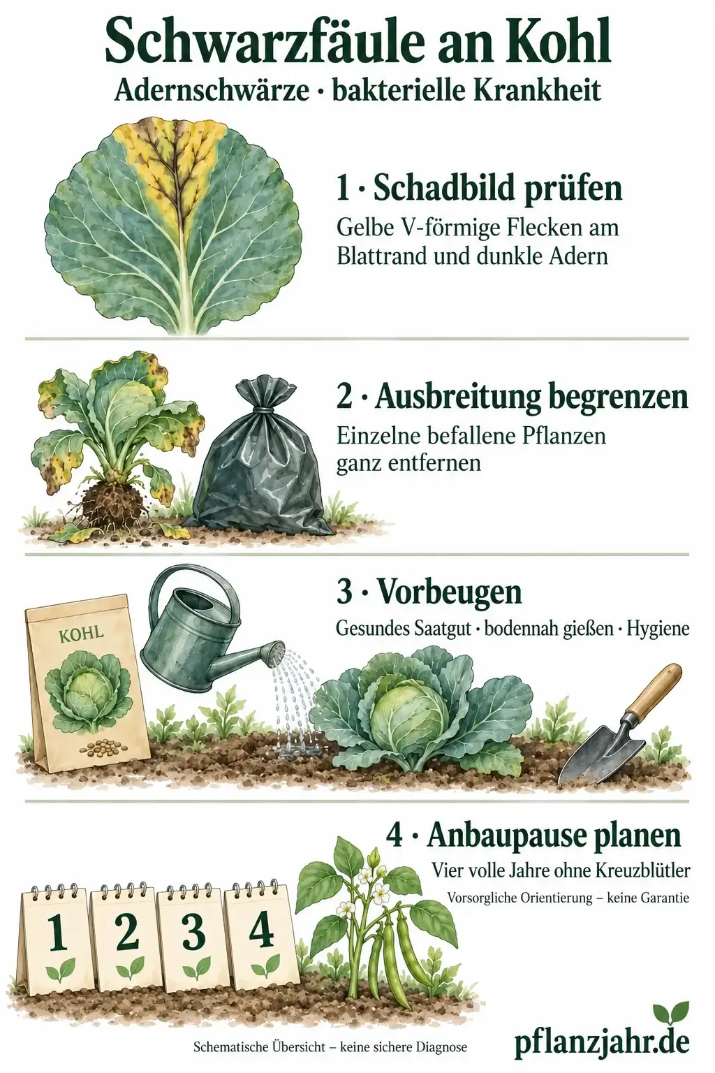 Schematische Übersicht zur Schwarzfäule an Kohl: gelbe V-förmige Flecken am Blattrand und dunkle Adern prüfen, einzelne befallene Pflanzen entfernen, gesundes Saatgut und Hygiene nutzen sowie vorsorglich vier volle Jahre Kreuzblütlerpause einplanen