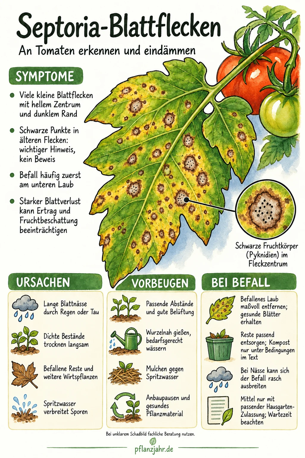 Infografik zu Septoria an Tomaten: typische Blattflecken als Diagnosehinweis, Blattnässe begrenzen, gesundes Laub erhalten und Pflanzenreste passend entsorgen