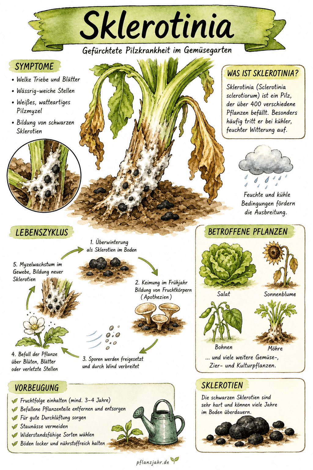 Infografik: Sklerotinia (Weißstängeligkeit) — erkennen, vorbeugen, bekämpfen