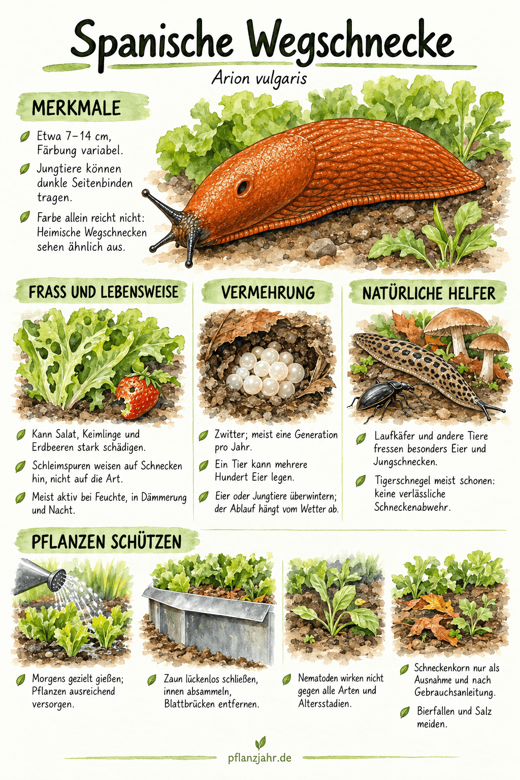 Infografik zur Spanischen Wegschnecke: Grenzen der Artbestimmung, variable Entwicklung und gezielter Schutz gefährdeter Pflanzen