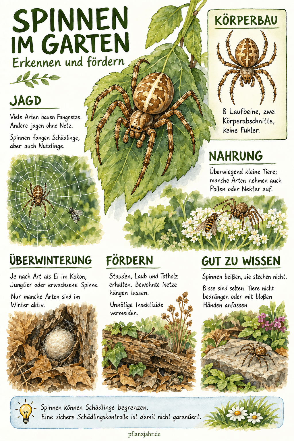 Infografik über Körperbau, Jagdweisen, Überwinterung und Förderung von Spinnen im Garten