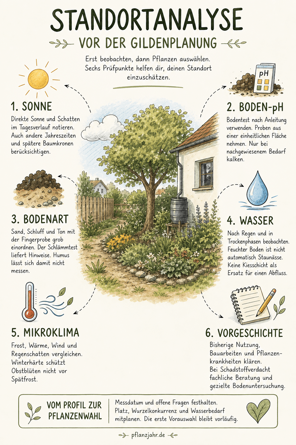 Infografik zur Standortanalyse mit sechs Prüfpunkten: Sonne, Boden-pH, Bodenart, Wasser, Mikroklima und Vorgeschichte; Platz und Pflanzenbedarf ergänzen das Standortprofil
