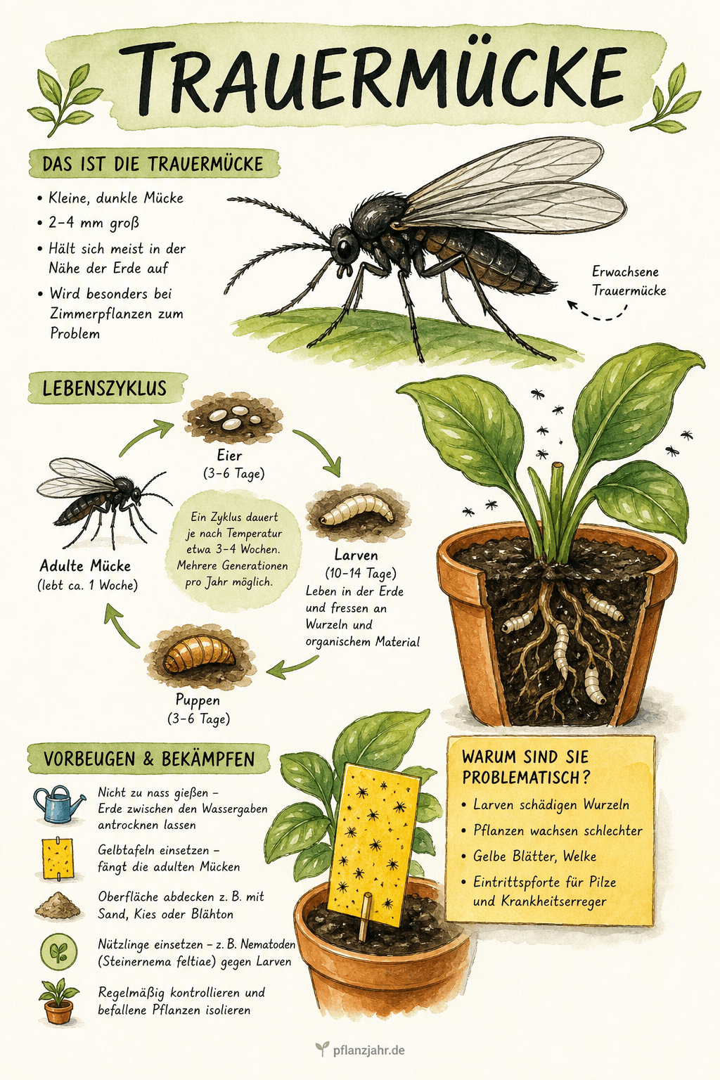 Infografik: Trauermücke — die kleine schwarze Mücke über der Blumenerde, deren Larven an den Wurzeln fressen