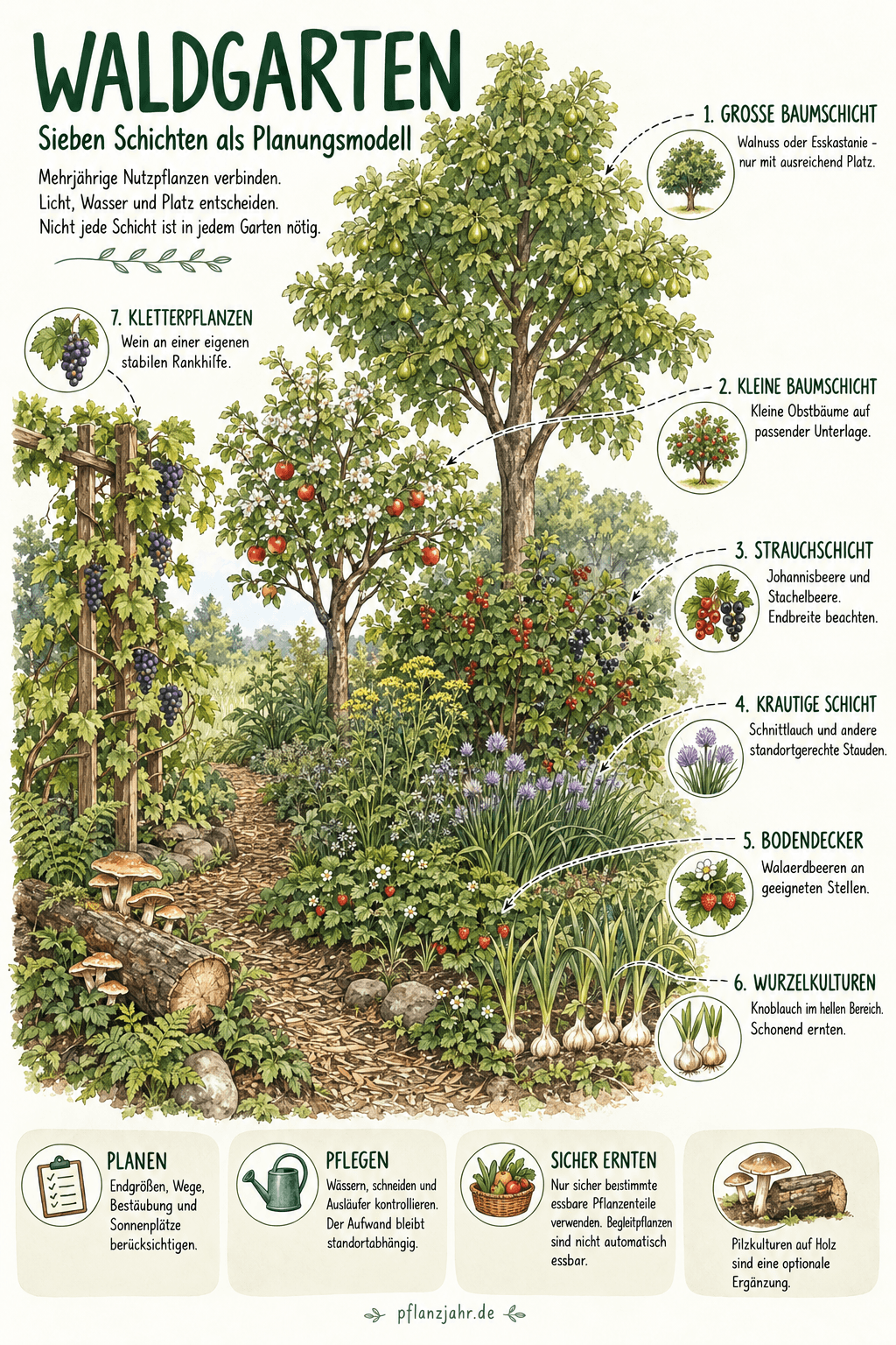 Infografik der sieben Waldgartenschichten: große und kleine Baumschicht, Sträucher, krautige Pflanzen, Bodendecker, Wurzelkulturen und Kletterpflanzen; mit Hinweisen zu Endgrößen, Pflege und sicherer Ernte