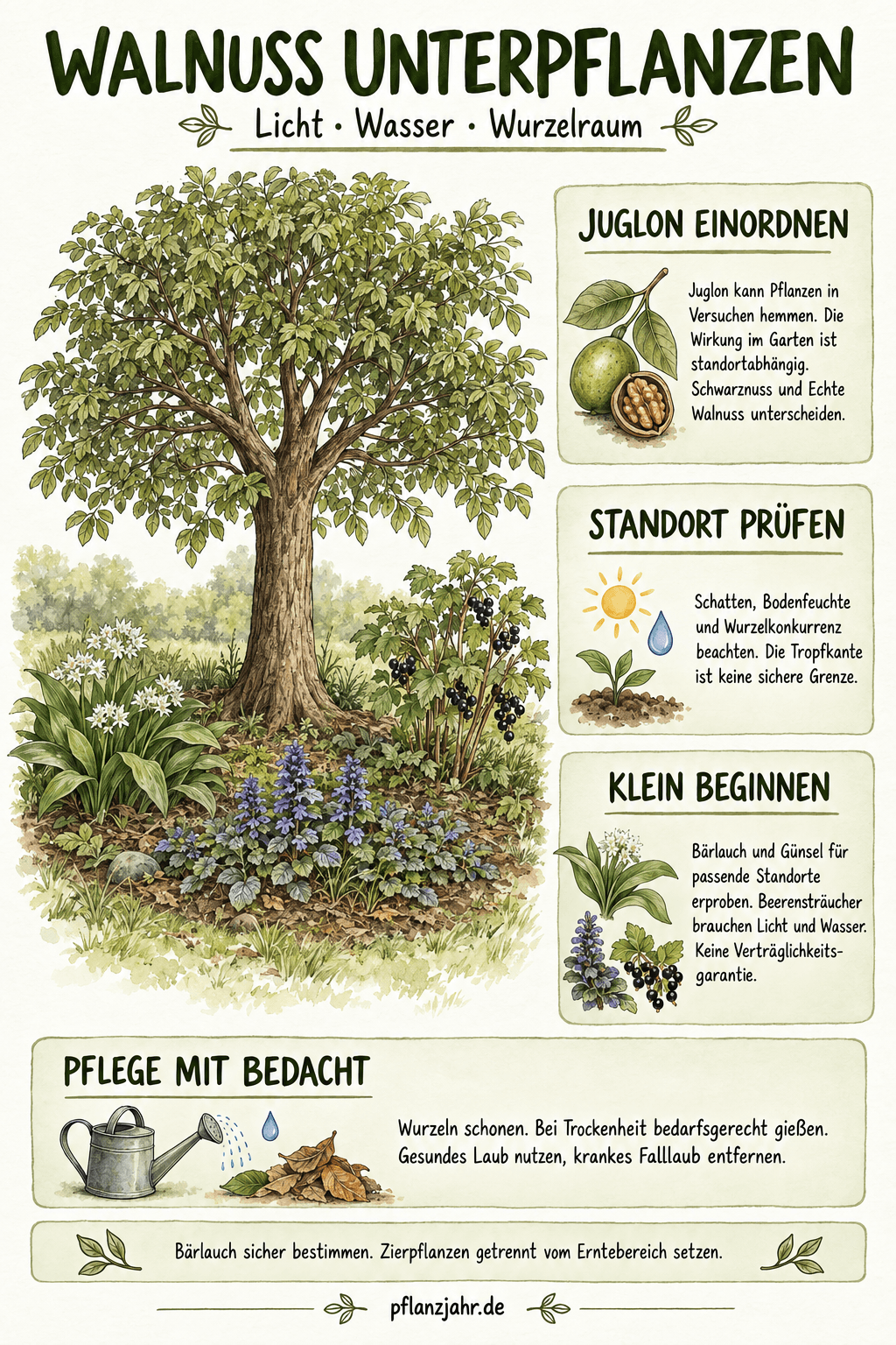 Walnuss unterpflanzen: Juglon einordnen, Licht und Wasser prüfen, klein beginnen und Baumwurzeln bei der Pflege schonen