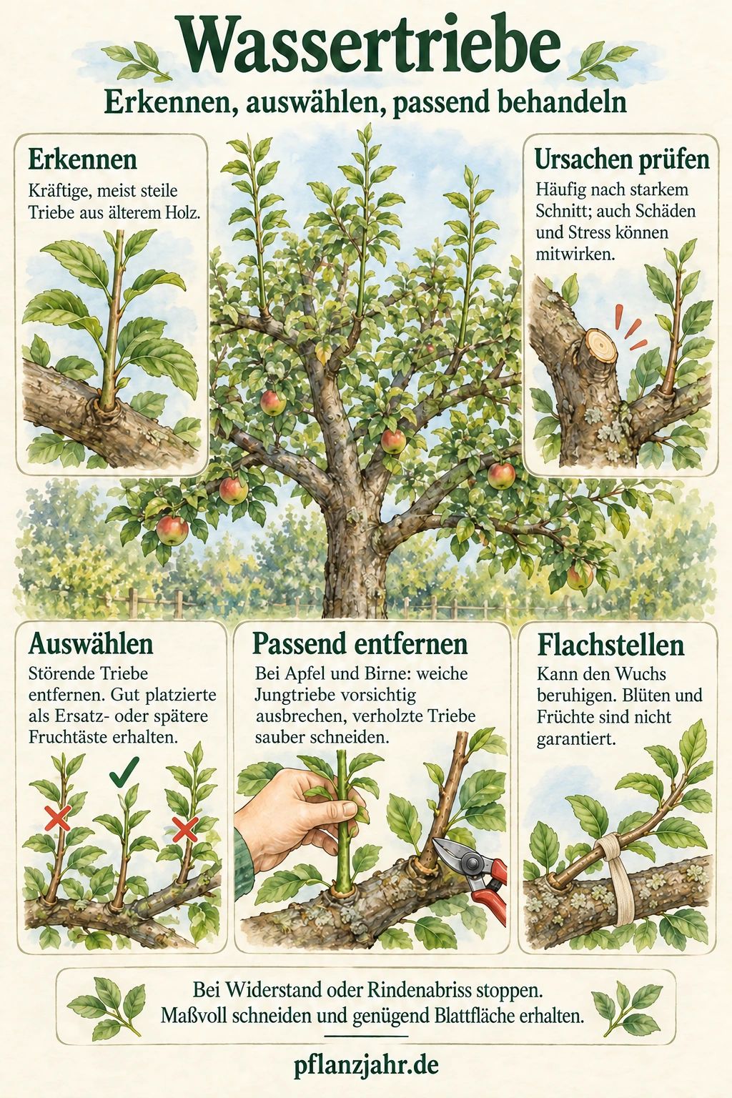 Infografik zu Wassertrieben: kräftige Triebe aus älterem Holz erkennen, Ursachen prüfen, geeignete Triebe erhalten und unerwünschte je nach Verholzung ausbrechen oder schneiden