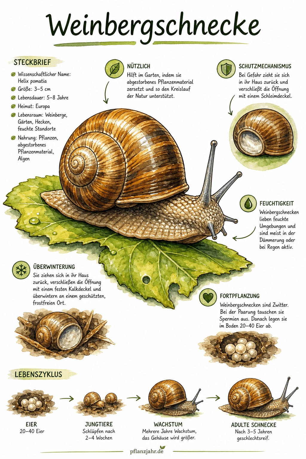 Infografik: Weinbergschnecke — die geschützte Gehäuseschnecke, die kaum Schaden macht