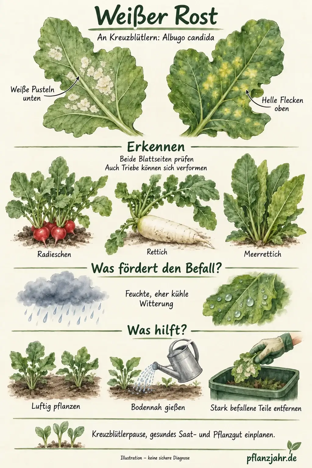 Illustrierte Übersicht zu Weißem Rost an Kreuzblütlern: Pusteln erkennen, Blattnässe verringern, luftig pflanzen sowie gesundes Saat- und Pflanzgut verwenden