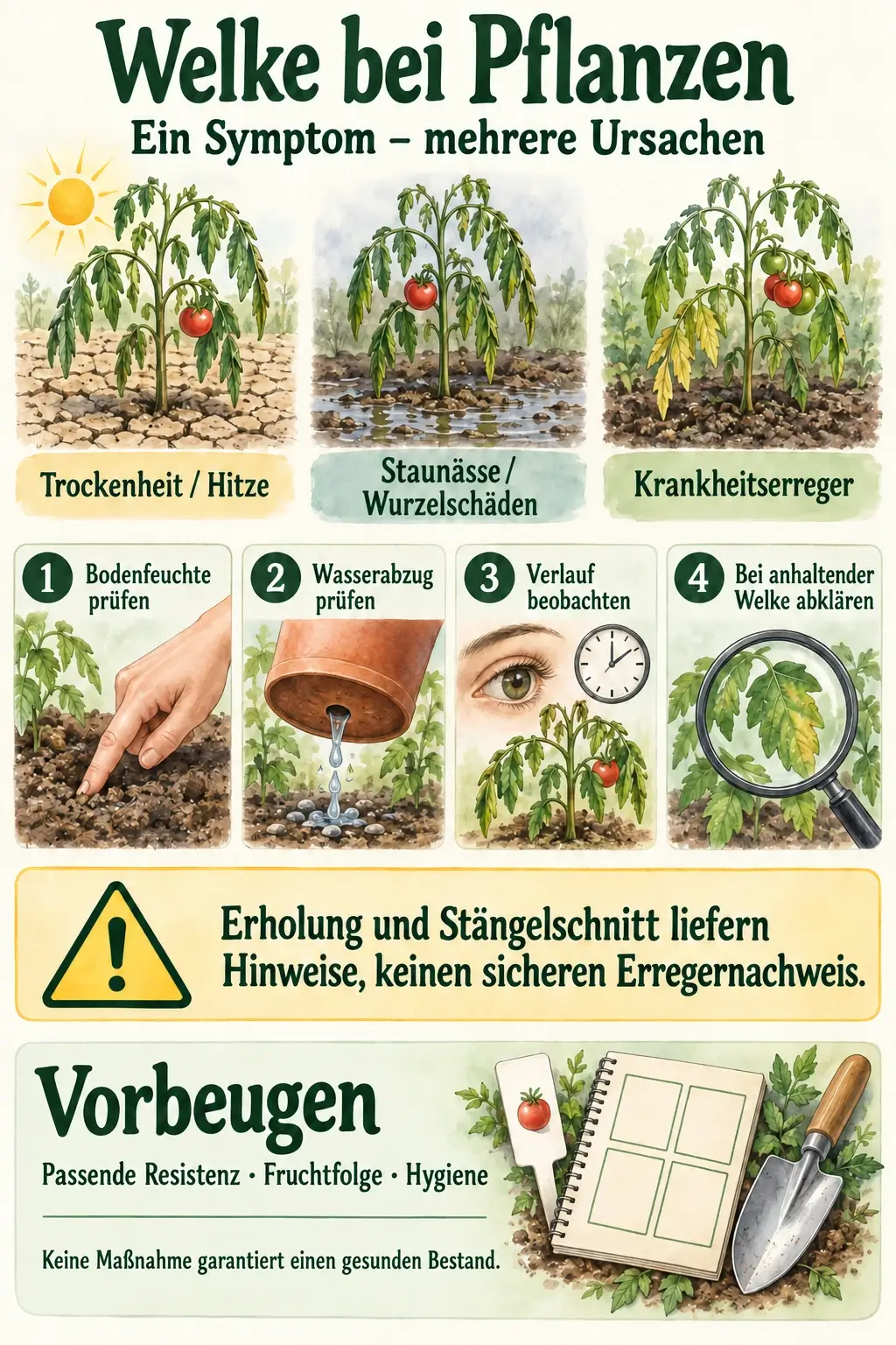 Infografik zu möglichen Welkeursachen und vier Prüfschritten: Bodenfeuchte, Wasserabzug, Verlauf und Abklärung anhaltender Welke; Erholung und Stängelschnitt sind keine sicheren Erregernachweise