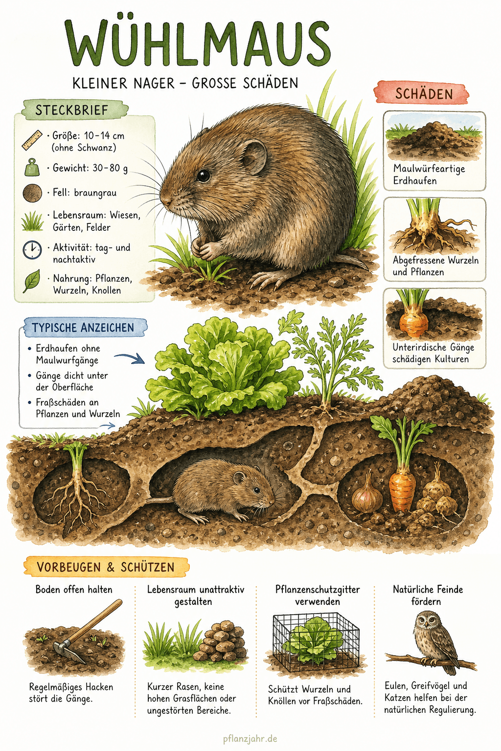 Infografik: Wühlmaus — der unterirdische Wurzelnager am Obstbaum