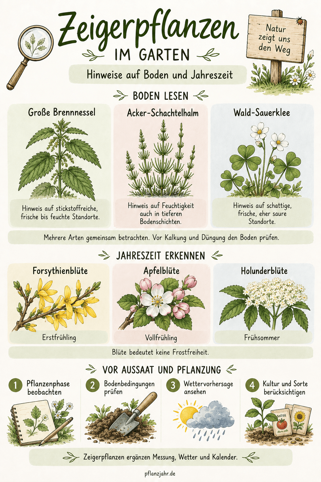 Zeigerpflanzen im Garten: Brennnessel, Acker-Schachtelhalm und Wald-Sauerklee geben Standorthinweise; Forsythie, Apfel und Holunder zeigen saisonale Phasen. Bodenprüfung und Wettervorhersage bleiben nötig.