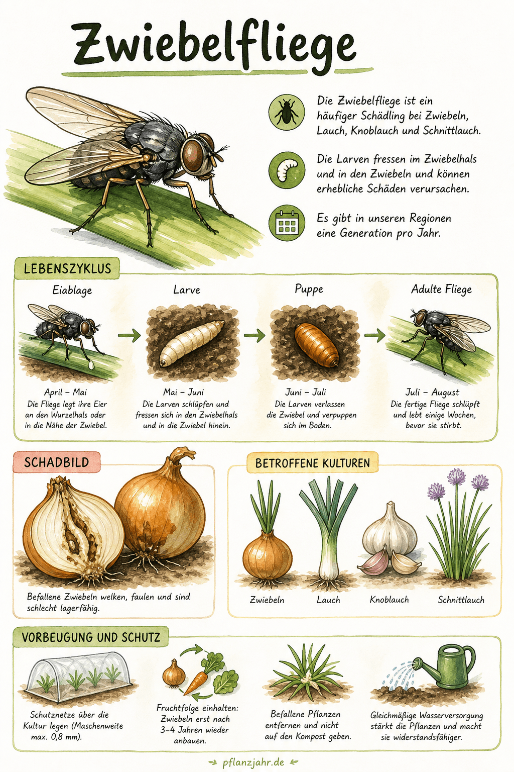 Infografik: Zwiebelfliege — die graue Fliege, deren weiße Maden Zwiebeln von innen aushöhlen