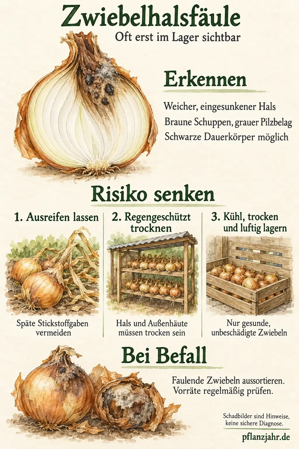 Infografik zur Zwiebelhalsfäule mit typischem Schadbild am Hals, Ausreife, regengeschützter Trocknung, luftiger Lagerung und Aussortieren faulender Zwiebeln