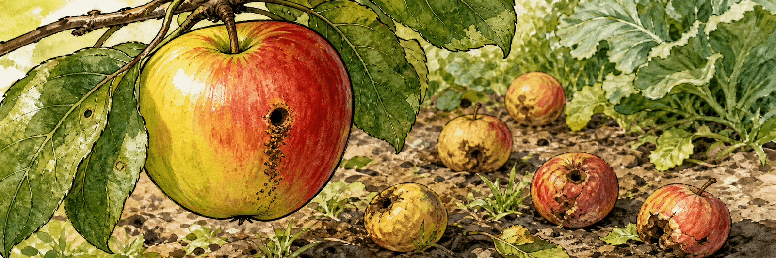 Apfel mit Bohrloch und braunen Kotkrümeln, darunter vorzeitig abgefallenes Fallobst am Boden