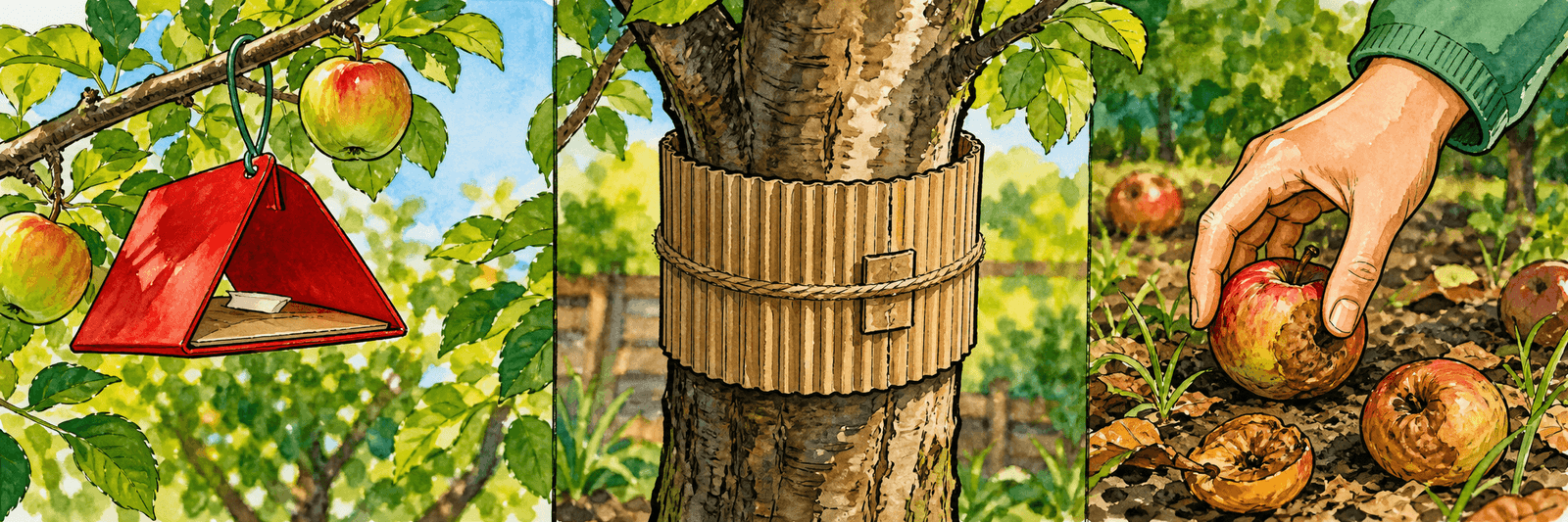 Rote Pheromon-Deltafalle im Baum, Wellpapp-Fanggürtel am Stamm und eine Hand liest Fallobst auf