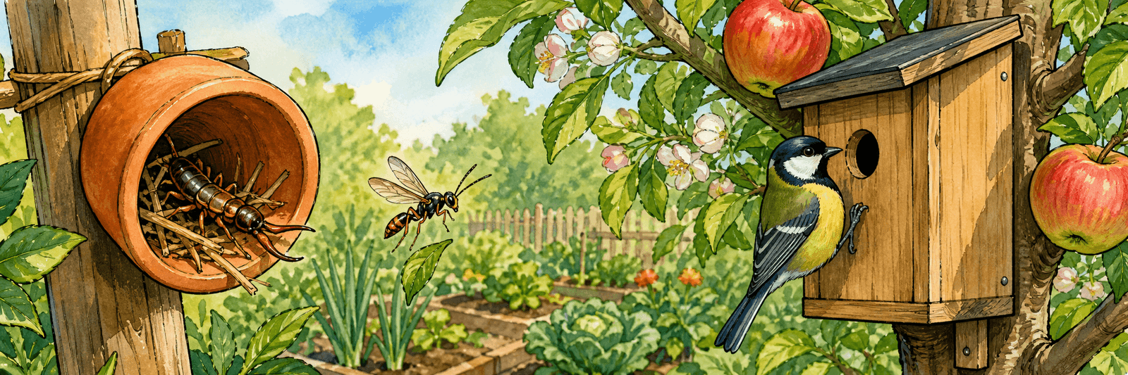 Ohrwurm-Tontopf, Schlupfwespe und eine Meise mit Nistkasten am Obstbaum als geförderte Gegenspieler