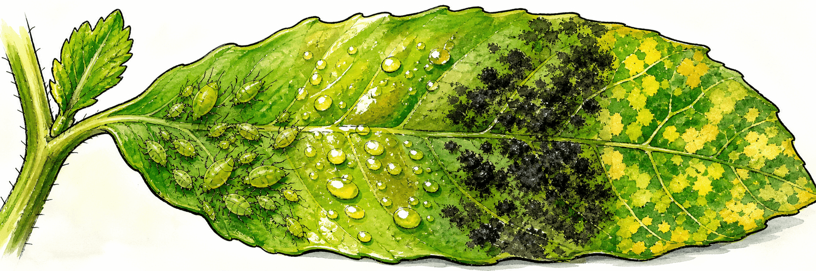 Blatt mit saugenden Läusen, glänzendem Honigtau, schwarzem Rußtau und einem Virus-Mosaik