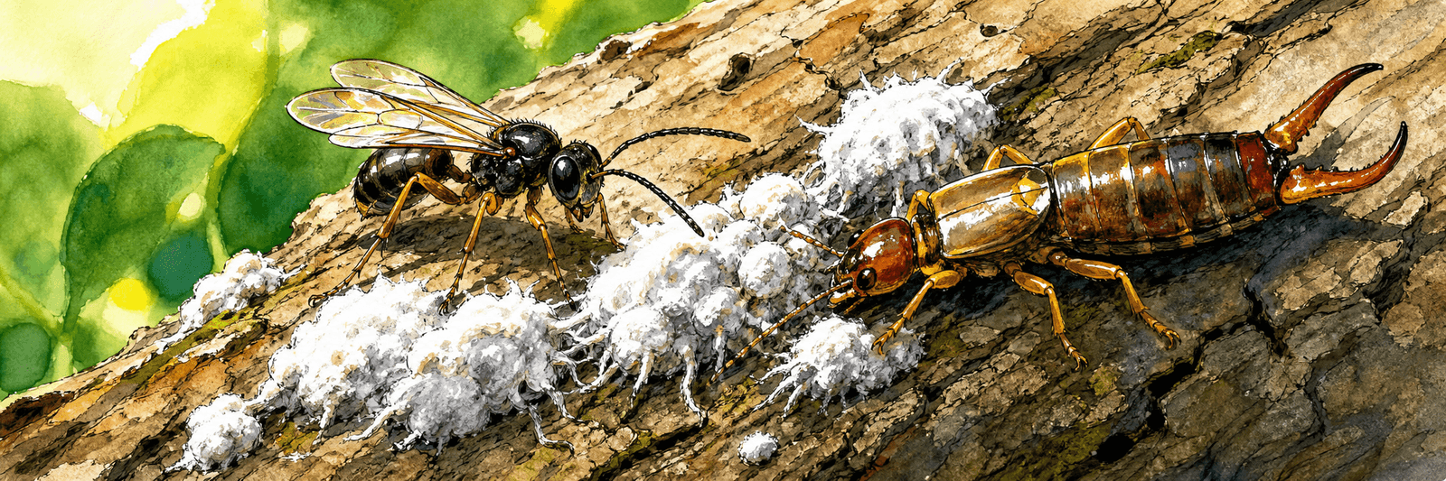 Eine winzige Zehrwespe und ein Ohrwurm greifen die weißen Wollbeläge an der Rinde an
