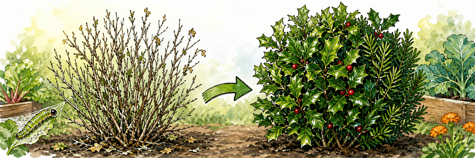 Kahler, befallener Buchsbaum wird per Tausch-Pfeil durch einen gesunden Ilex- bzw. Eibe-Strauch ersetzt