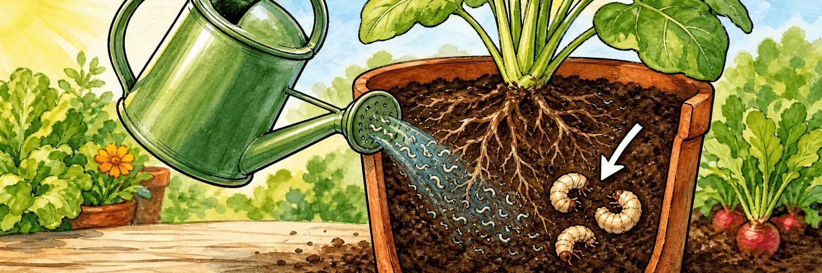 Gießkanne bringt Nematoden in einen Kübel aus, Pfeil zeigt zu den Larven im Wurzelbereich