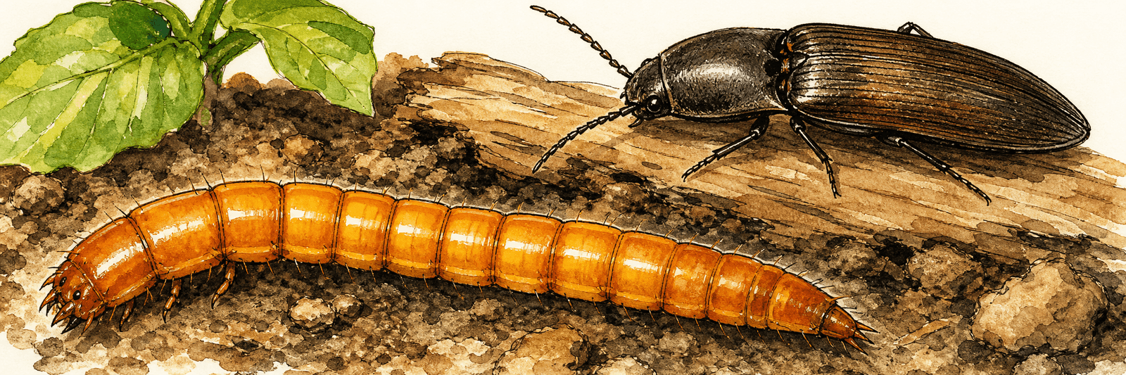 Illustration einer gelbbraunen Schnellkäferlarve und eines erwachsenen Schnellkäfers