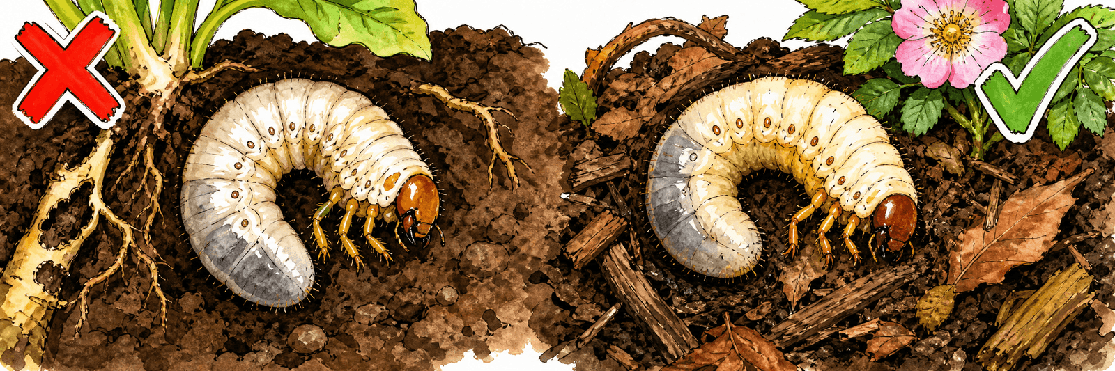 Vergleich: links schädlicher Engerling von Mai- und Gartenlaubkäfer, rechts nützlicher Rosenkäfer-Engerling