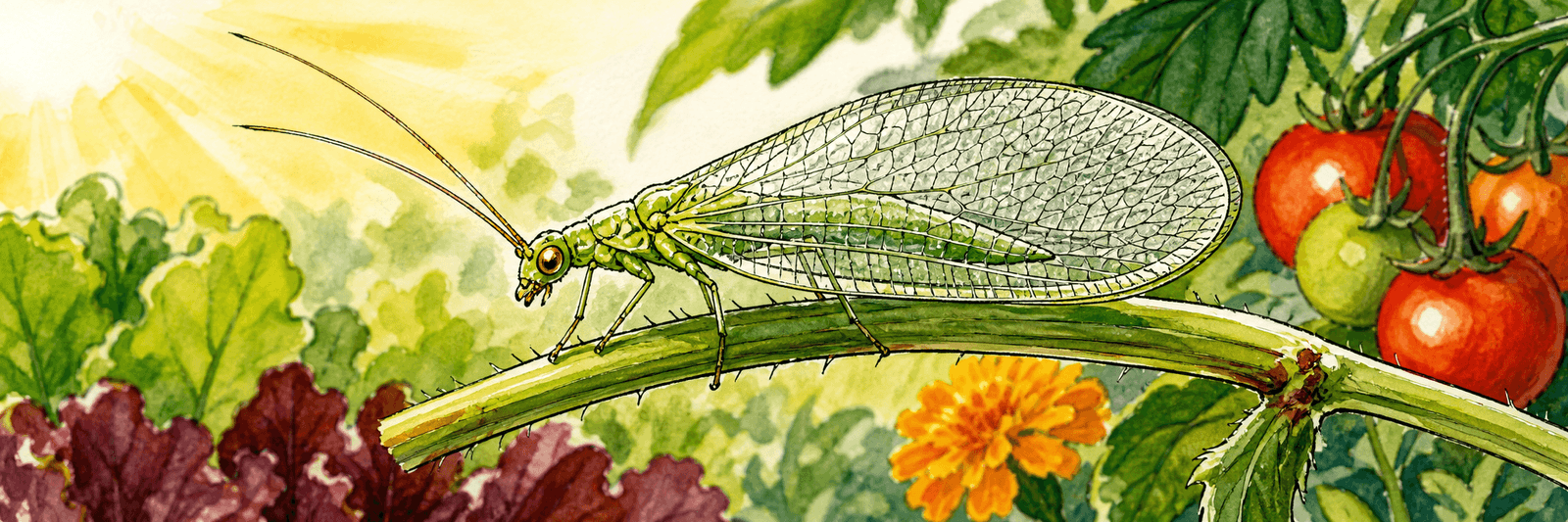 Zartgrüne Florfliege mit durchsichtigen, fein geäderten Netzflügeln und goldglänzenden Augen auf einem Stängel