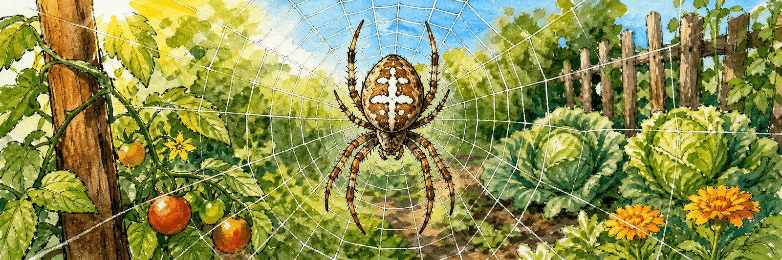 Gartenkreuzspinne mit deutlichem weißem Kreuz auf dem Hinterleib, mittig in ihrem Radnetz