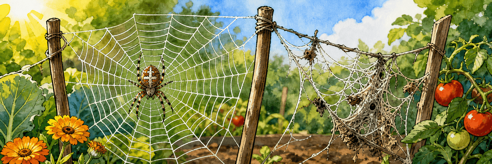 Gartenkreuzspinne baut ein frisches, gleichmäßiges Radnetz, daneben Reste eines alten zerzausten Netzes