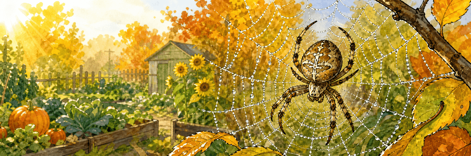Große Gartenkreuzspinne in einem taubeperlten Radnetz in herbstlicher Morgenstimmung