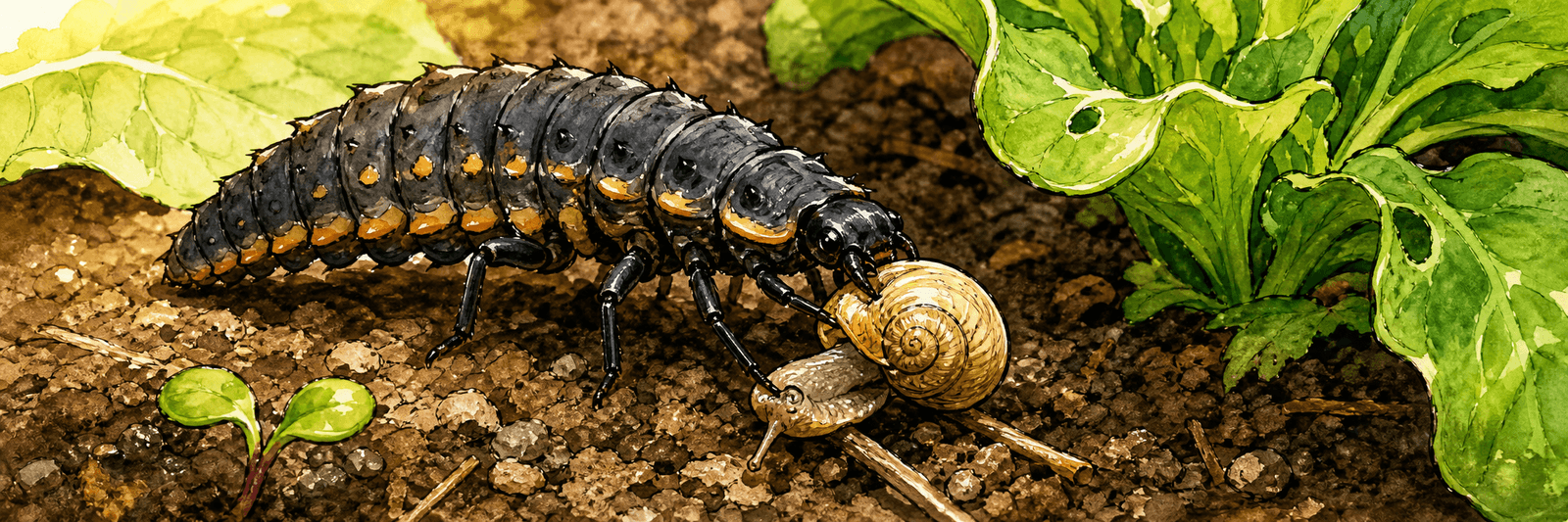 Dunkle Glühwürmchen-Larve packt eine kleine Schnecke am Boden