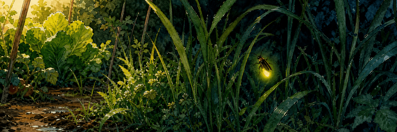 Naturnaher, feuchter Gartensaum mit hohem Gras und Dunkelheit, ein leuchtendes Glühwürmchen