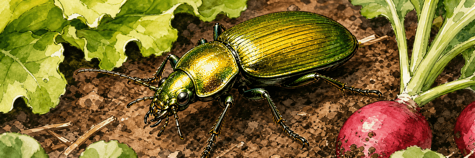Großer Goldlaufkäfer in Nahaufnahme mit metallisch schimmernder gold-grüner Panzerung