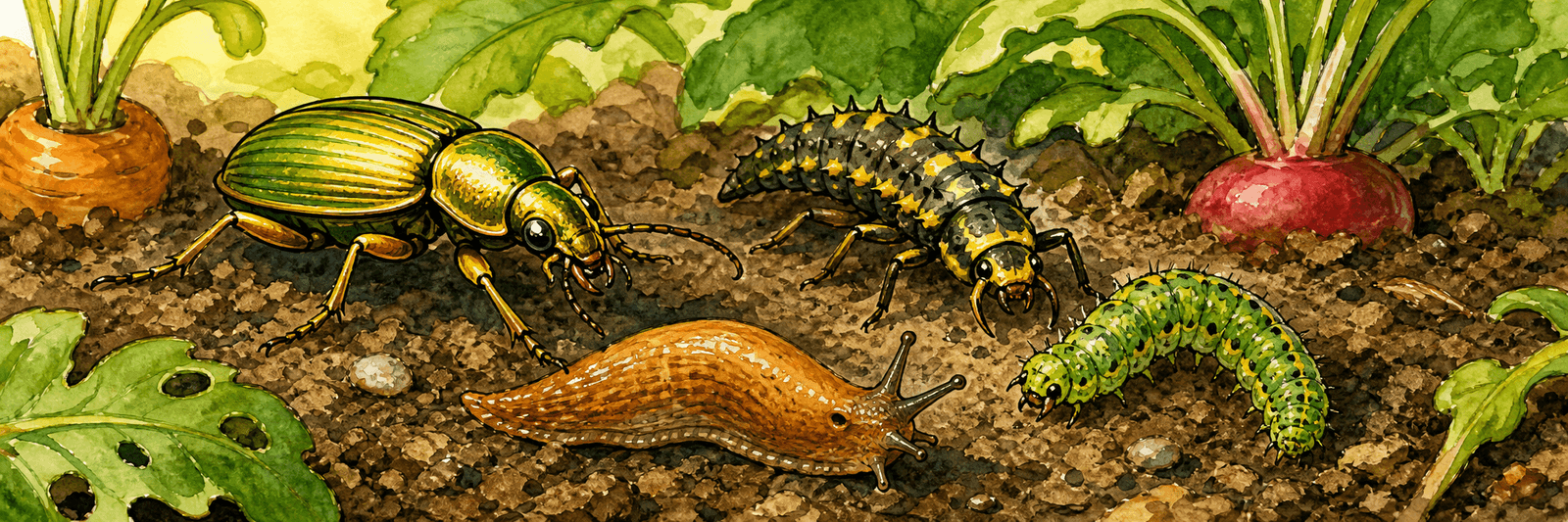 Goldlaufkäfer und seine Larve jagen gemeinsam eine Nacktschnecke und eine Raupe