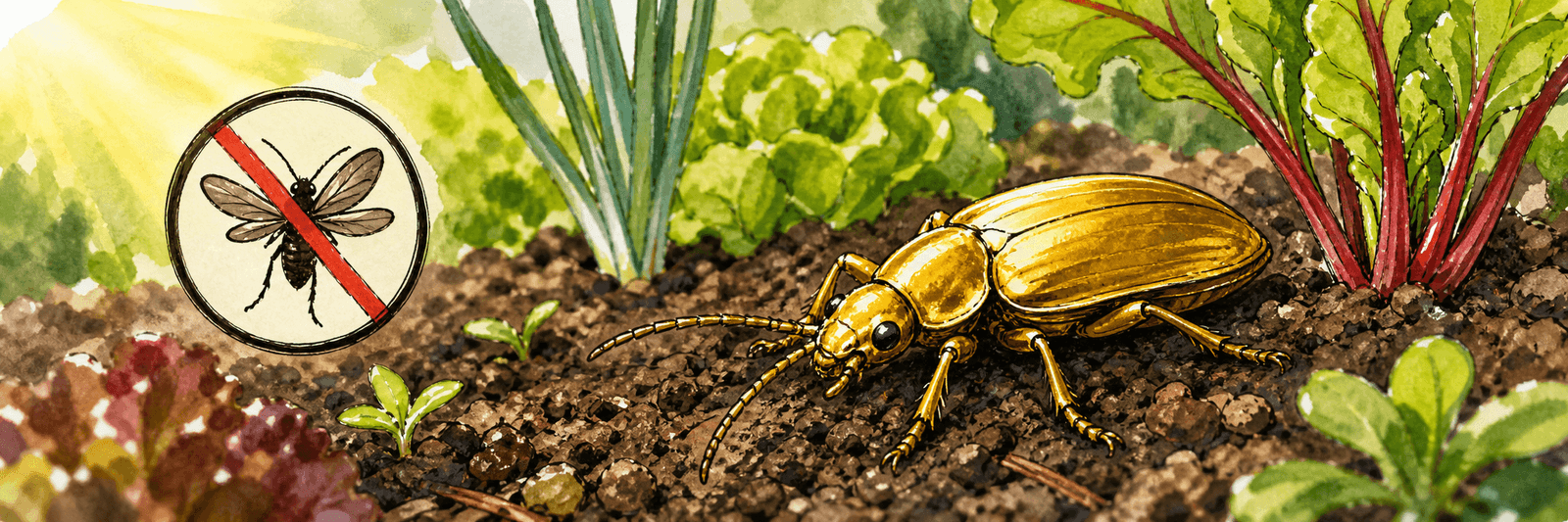Goldlaufkäfer mit verwachsenen Flügeldecken und durchgestrichenem Flug-Symbol, bleibt im selben Beet