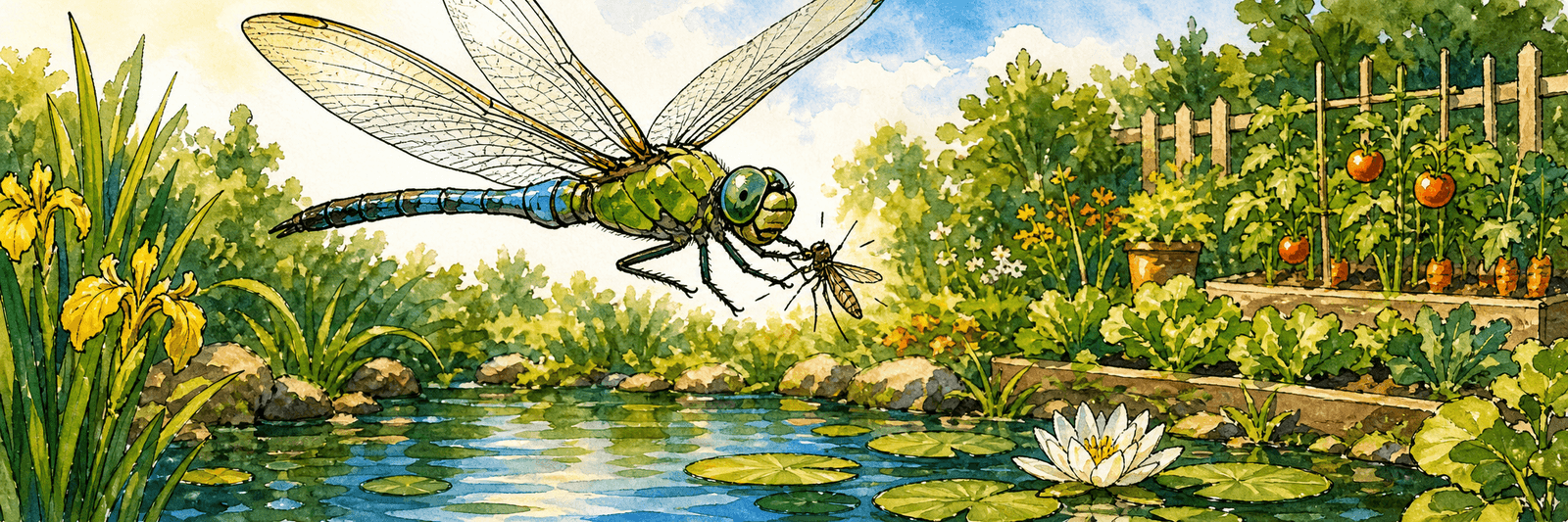 Große Libelle schnappt im Flug eine Mücke über einem Gartenteich