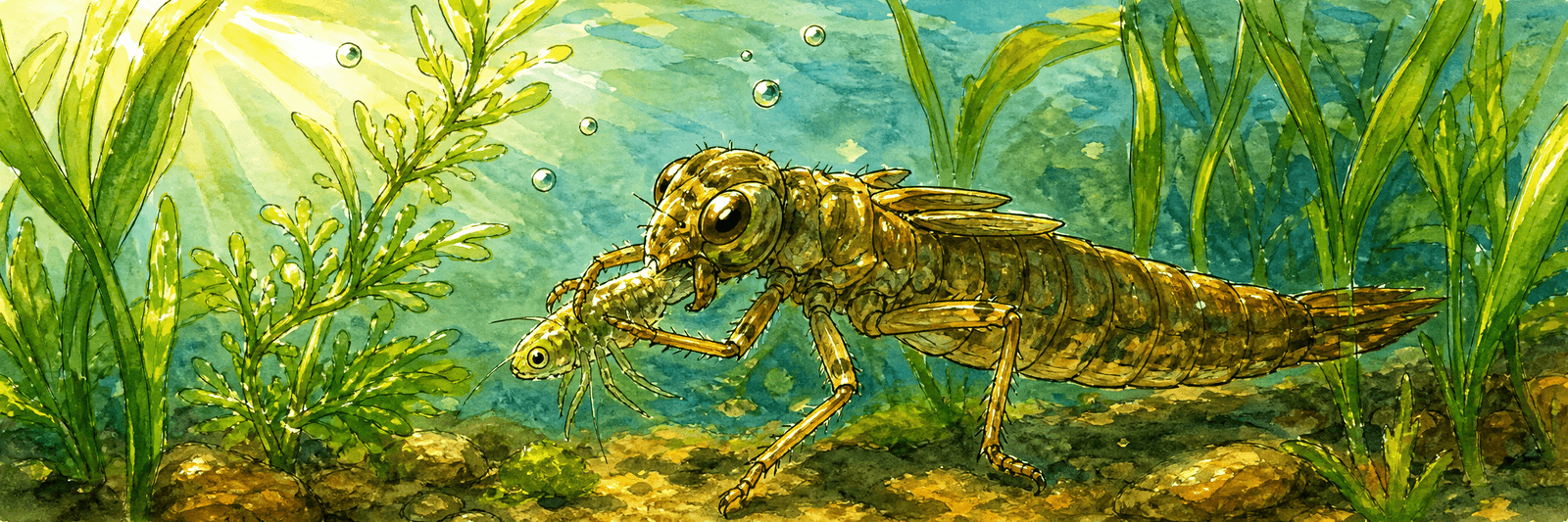Gedrungene Libellenlarve packt unter Wasser eine kleine Beute zwischen Wasserpflanzen