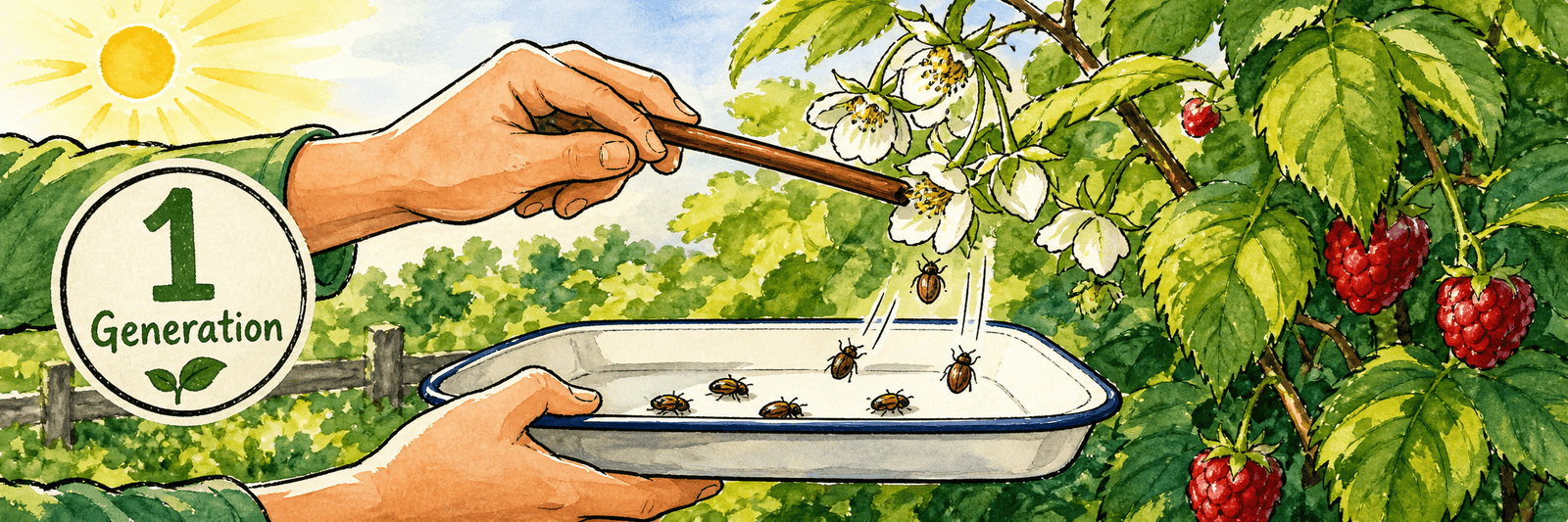Käfer werden morgens von Himbeerblüten in eine untergehaltene Schale geklopft, eine Generation pro Jahr