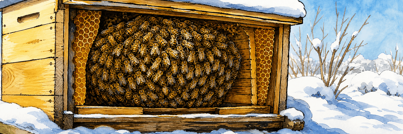Honigbienenvolk bildet im Stock eine dichte Wintertraube, draußen Schnee am Bienenstock