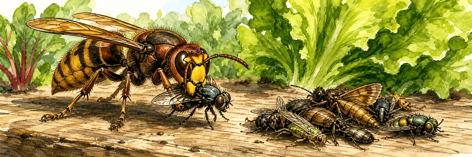 Hornisse erbeutet eine Fliege, daneben eine kleine Sammlung weiterer erbeuteter Insekten