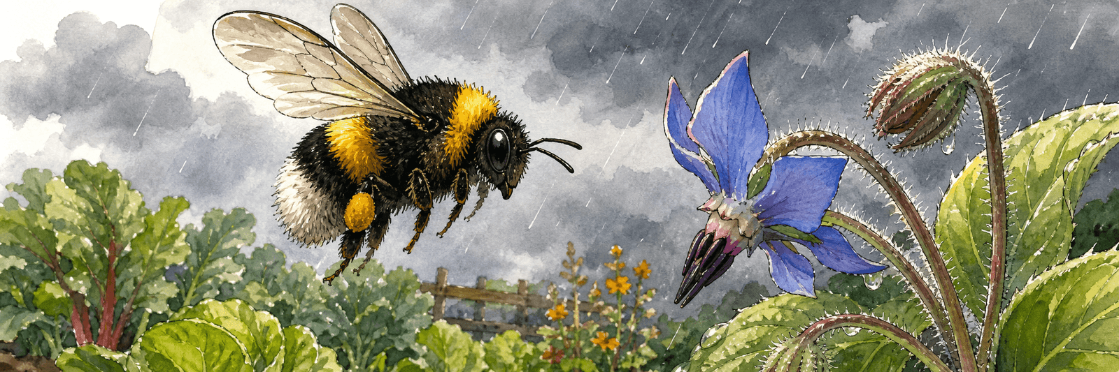 Pelzige Hummel fliegt bei trübem Wetter und feinem Nieselregen zu einer Blüte
