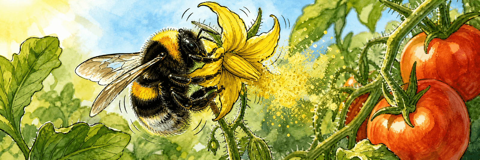 Hummel klammert sich an eine gelbe Tomatenblüte und rüttelt Pollen heraus