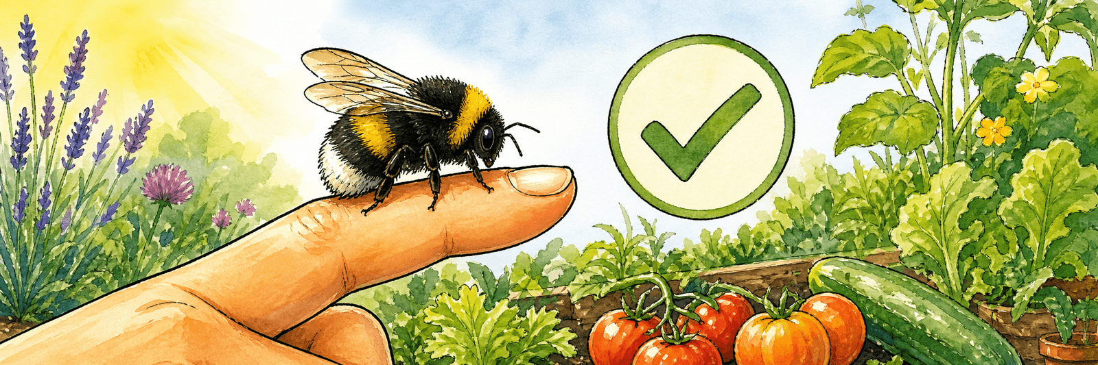 Hummel sitzt ruhig auf einem Finger, daneben ein beruhigendes Häkchen-Symbol