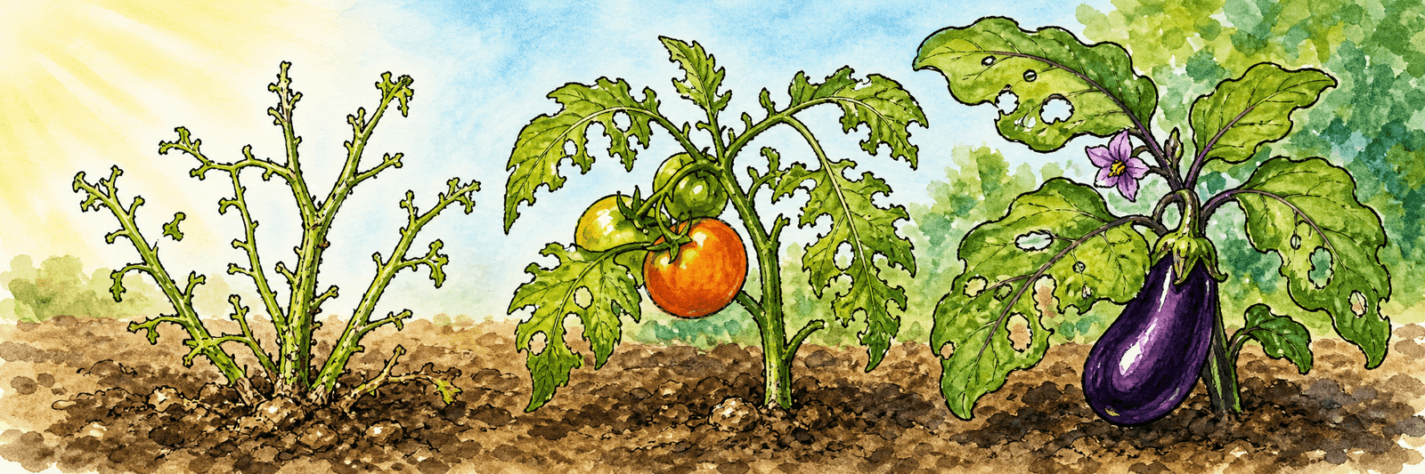 Kahlgefressene Kartoffelpflanze neben angefressenen Tomaten- und Auberginenblättern