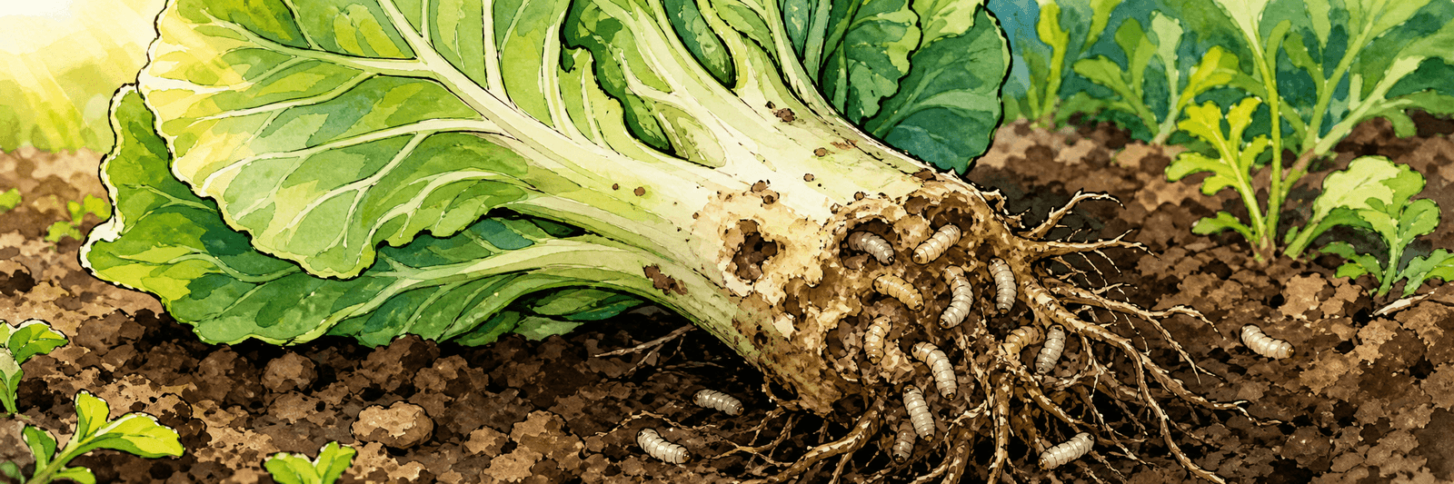 Aus dem Boden gezogener Kohl mit weißen Maden an Wurzeln und Strunk